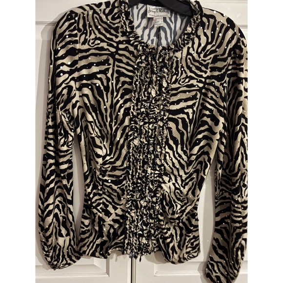 Joseph Ribkoff Top 12 Zebra Print Ruffle Front Sequined Blouse Long Sleeve - Picture 1 of 6